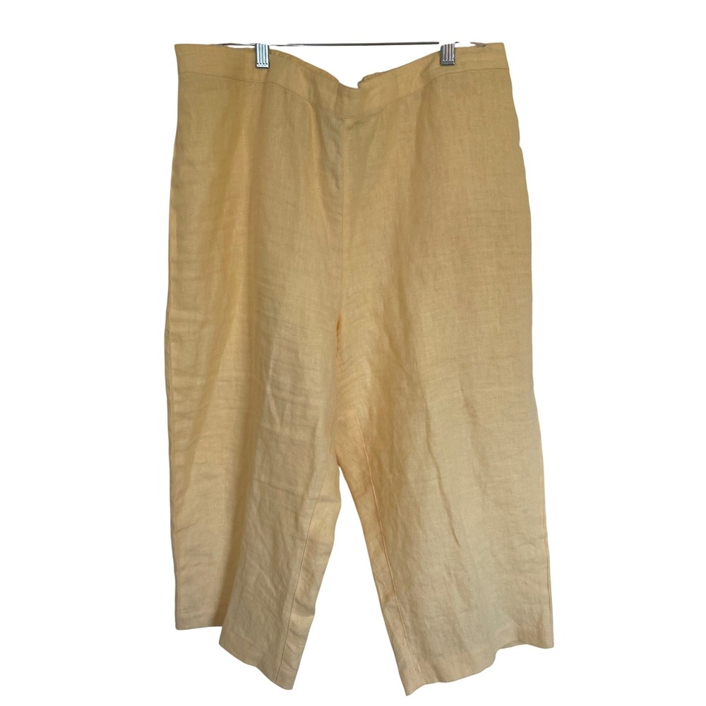 Chicos Yellow 100% Linen Capri Pants Elastic Back Wide‎ Leg Size 3 XL 16-18